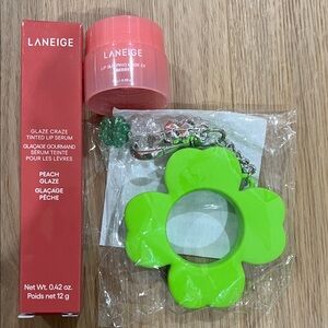 LANEIGE Peach Coral Lip Serum & Sleeping Mask with Bright Green Flower Keychain
